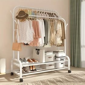 Sturdy Metal Double Rod Garment Rack with Wheels Portable Clothes Rack with Shelves and Hooks Heavy Duty Hanging Organizer for Clothes Bedroom Laundry