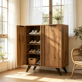 Modern Freestanding 4-Tier Shoe Cabinet with 2 Doors Concealed Storage Organizer for Entryway Home Office White Espresso