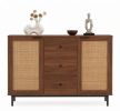 Rustic Farmhouse Sideboard Buffet Cabinet with 2 Rattan Doors And 3 Drawers Coffee Bar Table for Living Room