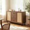 Rustic Farmhouse Sideboard Buffet Cabinet with 2 Rattan Doors And 3 Drawers Coffee Bar Table for Living Room