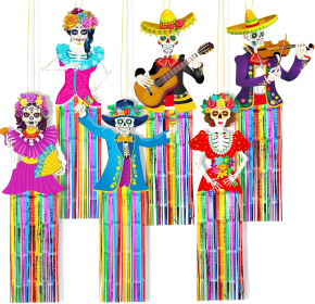 6 Pcs Large Day of the Dead Decorations Dia De Los Muerto Hanging Decorations with Metallic Foil Tassels Sugar Skull Decor Kit for Mexican Fiesta Hall