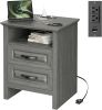 Nightstand for Bedroom, Night Stand with Charging Station, Bedside Table with 2 Drawers & Open Shelf, Farmhouse End Table Storage Cabinet, Gray