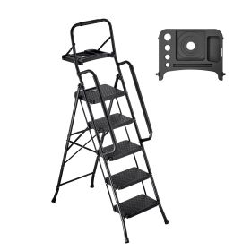 5 Step Ladder, Folding Step Stool with Wide Anti-Slip Pedal, Tool Tray, Dual Side Handrails, 600 lbs Capacity Portable Steel Ladder