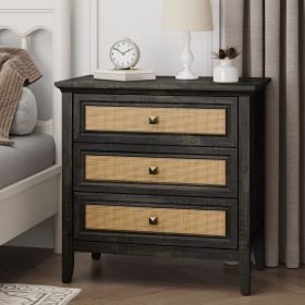3 Drawer Dresser Rattan Dresser Wood Chest of Drawers Farmhouse Closet Dressers Modern Bedside Table Rustic Nightstand Storage Cabinet for Bedroom