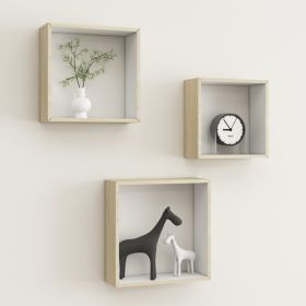 Wall Cube Shelf Set of 3 White and Sonoma Oak MDF Small to Medium