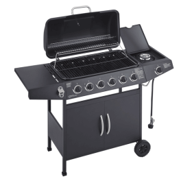 6 Burner BBQ Propane Gas Grill with Side Burner 59000 BTU Output Stainless Steel Barbecue Grill with Enamel-Coated Grates and Side Tables for Outdoor