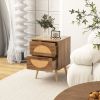 Set of 2 Rattan Nightstand with 2 Drawers and Solid Wood Legs