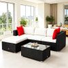 5-Piece Outdoor Patio Furniture Set with Cushions PE Rattan Wicker Sofa Sectional with Pillows Glass Coffee Table for Garden Backyard Brown/Cream Whit