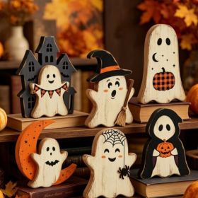 Halloween wooden pumpkin ghost black cat ornament room desktop holiday decoration wooden craftHalloween wooden pumpkin ghost black cat ornament room (thickness: 1.6cm, Color: 13cm6pcs)