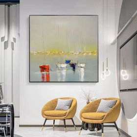 Ocean Wall Art Canvas Oil Painting Sunrise Bathroom Handmade Boat Landscape Posters Picture for Bedroom Beach House Decor (size: 70x70cm)