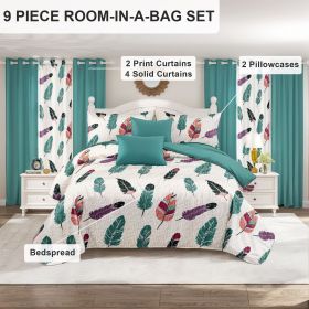 9-Piece Boho Feather Bedding & Curtain Set (Queen/King/Cal King) - Quilted Microfiber Bedspread + Sheer Curtains (Color: colorful feather, size: Queen)