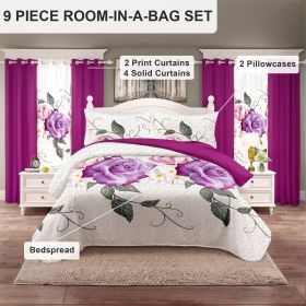 9-Piece Purple Rose Bedding & Curtain Set (Queen/King/Cal King) - Quilted Microfiber Bedspread + Sheer Curtains (Color: pink rose, size: King)