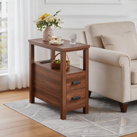 End Table with Charging Station,Side Tables with USB Ports & Outlets,Side Table with 2 Drawers, Small Wood Bedside Table, Small Rustic Side Table (Color: Walnut)