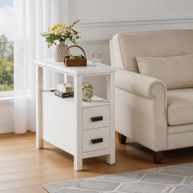 End Table with Charging Station,Side Tables with USB Ports & Outlets,Side Table with 2 Drawers, Small Wood Bedside Table, Small Rustic Side Table (Color: White)