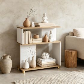Modern 3-Tier S-Shaped Bookshelf with Adjustable Feet for Living Room Bedroom Hallway Organizer Bookcase (Color: White & Natural)