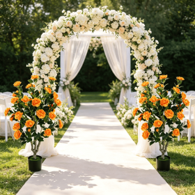 Set of 2 39.5-Inch Artificial Camellia Trees with Orange Blossoms in Cement Pots for Home Decor (Color: Orange& Green & Black)