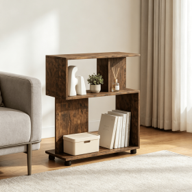 Modern 3-Tier S-Shaped Bookshelf with Adjustable Feet for Living Room Bedroom Hallway Organizer Bookcase (Color: Rustic Brown)