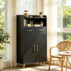Freestanding Bathroom Storage Cabinet with 2 Drawers And 2 Doors Floor Cabinet for Bathrooms (Color: Black)