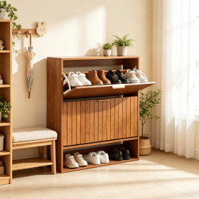 Fluted Hidden Shoe Cabinet with 2 Flip Drawers Open Storage for Home Organization Furniture (Color: Walnut)