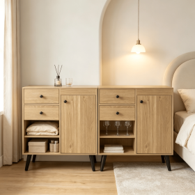 Set of 2 31 Inch Buffet Cabinet with 2 Drawers And Open Compartments for Kitchen Storage Wood Grain Finish (Color: Natural)
