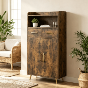 Freestanding Bathroom Storage Cabinet with 2 Drawers And 2 Doors Floor Cabinet for Bathrooms (Color: Rustic Brown)
