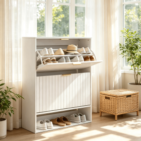 Fluted Hidden Shoe Cabinet with 2 Flip Drawers Open Storage for Home Organization Furniture (Color: White)