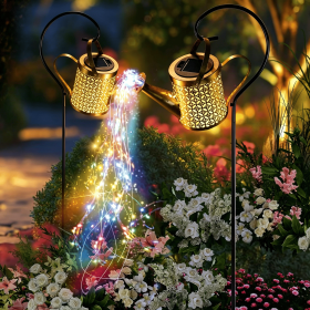 Outdoor Solar Watering Can with Lights Garden Decor Large Solar Powered Lanterns Hanging Waterproof LED Decorative Retro Metal Kettle String Lights fo (Color: Colorful lights-2PCS)