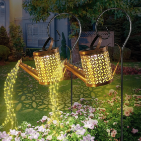 Outdoor Solar Watering Can with Lights Garden Decor Large Solar Powered Lanterns Hanging Waterproof LED Decorative Retro Metal Kettle String Lights fo (Color: Warm lights-2PCS)