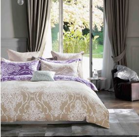bHermman Beige/Purple Damask 100% Cotton Comforter Set (size: King)