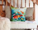 Koi Fish Throw Pillow Machine Washable, Indoor Outdoor Decorative Pillow for Couch, Bed or Patio, 14Hx14W